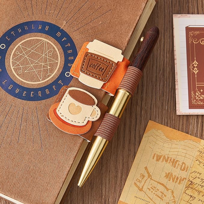 2pcs Coffee Magnetic Bookmarks, Vintage Leather Book Mark with Pen Holder for Reading Women, Magnet Bookmark Clip for Book Lover