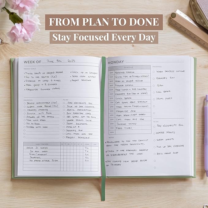Rileys & Co Undated Daily Planner 8 x 6 in, Day Schedule Planner & Agenda Book, Journal with Goal & Habit Tracker, No Dates Dateless Annual Organizer for Work, School & Home - Green