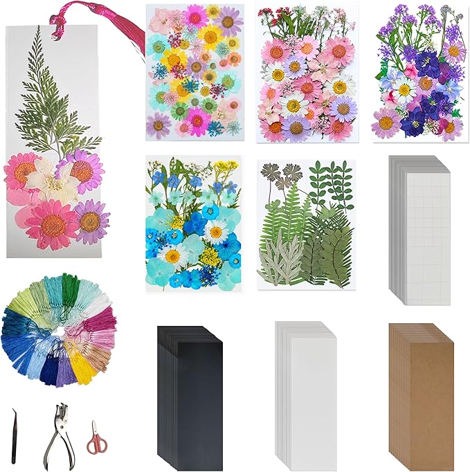 Bakayoyo 451 pcs DIY Dried Pressed Flowers Bookmark Making Kit, DIY Paper Book Mark Bulk Craft Supplies for Book Lovers,Reading Women, Classroom& Ideal Gifts for Teachers Students Friends