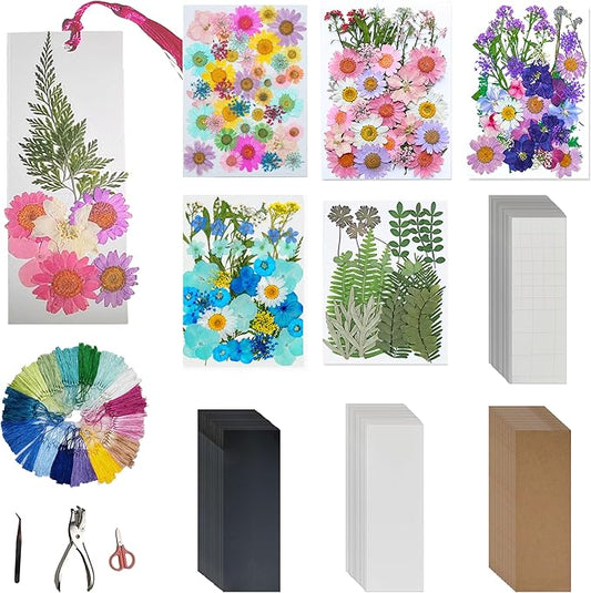 Bakayoyo 451 pcs DIY Dried Pressed Flowers Bookmark Making Kit, DIY Paper Book Mark Bulk Craft Supplies for Book Lovers,Reading Women, Classroom& Ideal Gifts for Teachers Students Friends