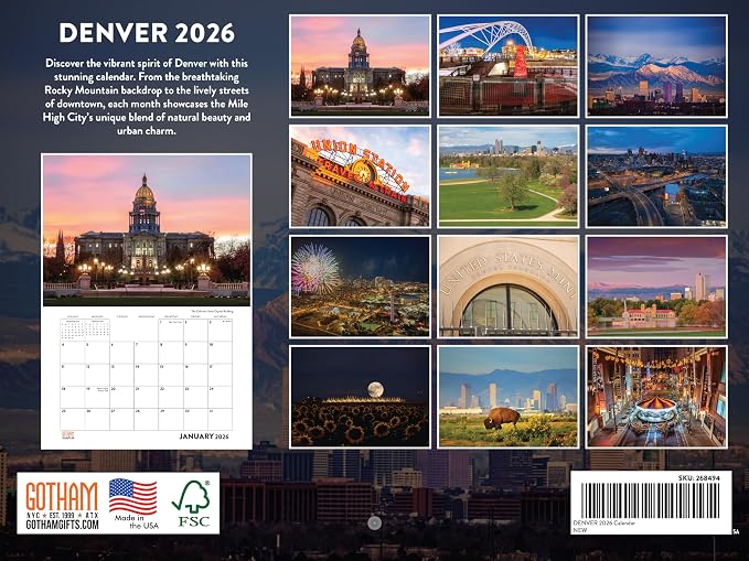 Denver Calendar 2026 Wall 12 Month Monthly CO Scenic Colorado Souvenirs Coloradan Themed Gifts | American Made In The USA