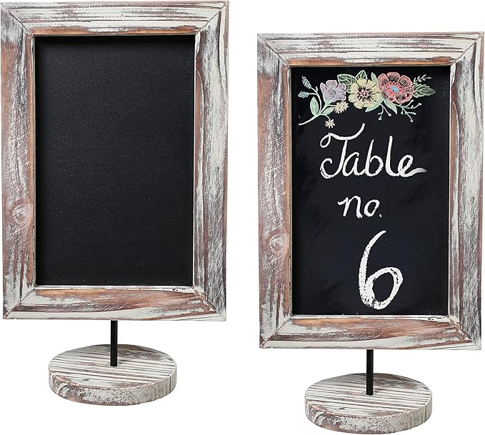 MyGift Set of 2, 12 Inch Chalkboard Sign with Torched Wood Rectangular Frame and Round Base, Rustic Wedding Table Place Card Signage, Small Kitchen Countertop Memo Board