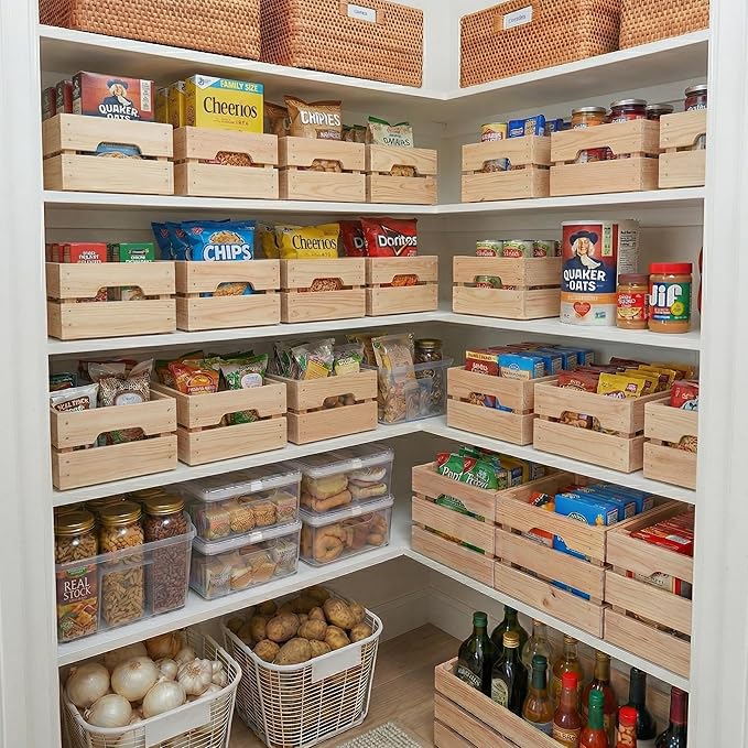 WOPITUES Wooden Crate,Wood Crates for Storage,Stackable Pantry Bins and Pantry Organizers with Handles,Pantry Baskets,Wooden Box for Pantry,Kitchen,Garden,Garage,Display, Nature Wood