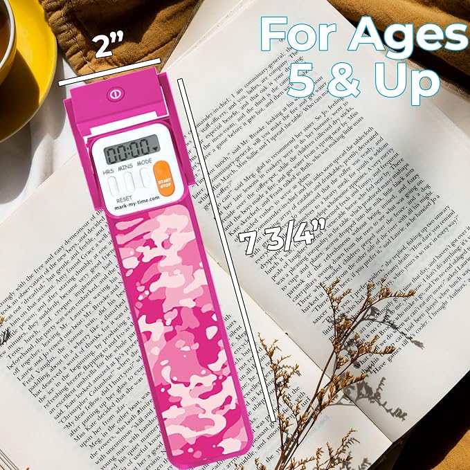 Mark-My-Time Digital Bookmark and LED Book Light - Timer and Bookmark for Kids with LED Book Light, Cool Bookmarks and Reading Incentives, Christmas Gift & Stocking Stuffer - Pink Camo