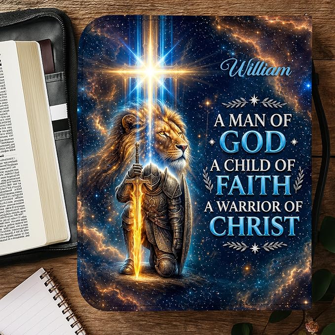 Personalized Man of God Bible Cover for Men, Christian PU Leather Bible Case with Handle Zipper, God Says I Am Warrior Scripture Bible Holder, Religious Gift for Men (Warrior of Christ 2)