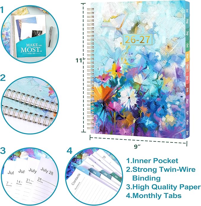 Planner 2026-2027 - Academic Planner 2026-2027, July 2026 - June 2027, 8.5" x 11", Calendar Planner with Colorful Monthly Tabs, Twin-wire Binding, Holidays, Back Pocket