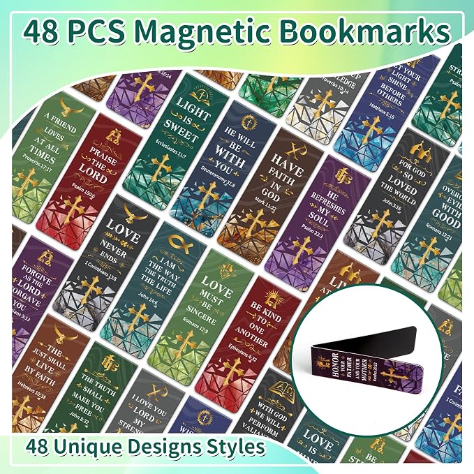 48Pack Magnetic Bookmarks Christian Bookmarks Bulk Bible Bookmark for Reading Women Men Kids Teacher Book Lovers Gifts, Vintage Religious Magnet Bookmark Clips Cute Personalized Book Marks (Christian)