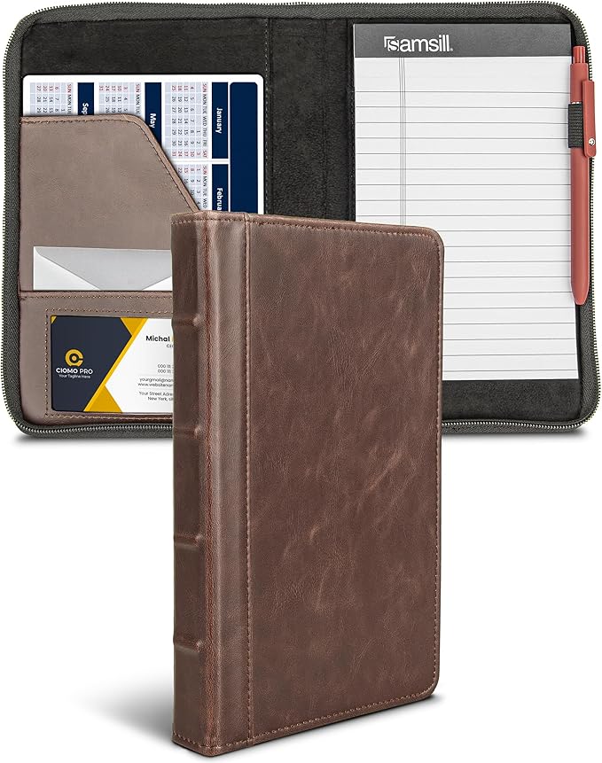 Samsill Small Vintage Portfolio/Zipper Faux Leather Portfolio, Book Style Hardback Design, Business & Interview Padfolio Organizer, Holds 5 x 8 Writing Pad, Dark Brown
