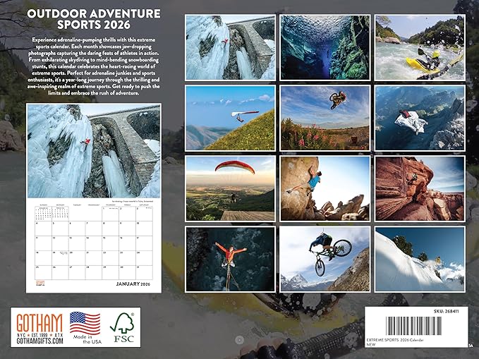 Outdoor Adventure Sport Calendar 2026 Monthly Wall Calender 12 Month | American Made In The USA