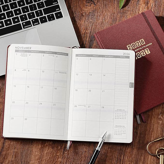 Planner 2026-2027 - Jul. 2026 - Jun. 2027, Academic Planner 2026-2027, Leather Planners Weekly and Monthly, 6.3" x 8.4", Hardcover with Back Pocket + Thick Paper + Twin-Wire Binding - Wine Red