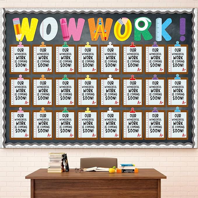 Mooliwe 139 Pcs Student Work Display Bulletin Board Composition Notebook Paper Classroom Decoration Wow Work Cutouts with Clipnames Display Classroom Wall Decor for Teachers Back to School Supplies