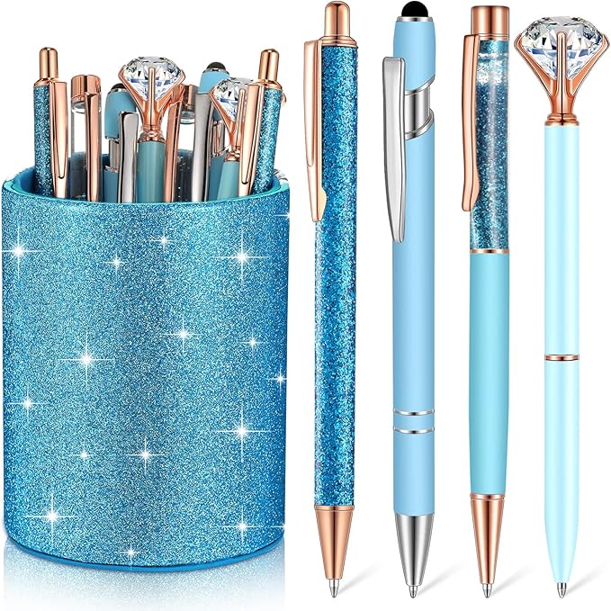 Sabary 8 Pcs Blue Pens with Pen Holder for Desk Glitter Crystal Diamond Cute Ballpoint Fancy Pencil Holder Bling Desk Organizer for Women Girls School Office Supplies Wedding Graduation Gifts