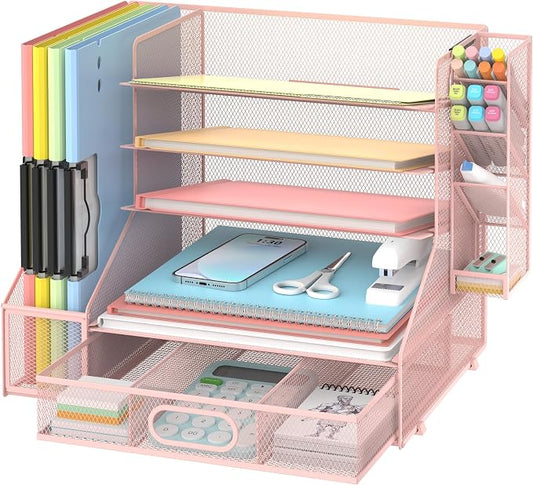 DALTACK Mesh Desk Organizer, 5-Tier Paper Letter Tray with File Holder & Pen Holder & Sliding Drawer, Desktop Organizer and Storage for Desk Accessories Office Supplies, Pink
