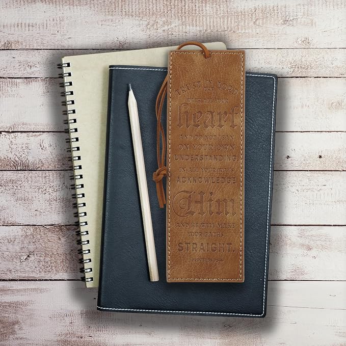 Christian Art Gifts Premium Faux Leather Scripture Bookmark for Men & Women: Trust in The Lord - Proverbs 3:5-6 Inspirational Bible Verse, Heat-Debossed, Brown with Cord Tassel, Reading Book Accessory