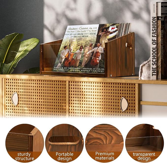 GRETJOB Vinyl Record Storage Crate - Wooden & Acrylic Record Storage Holds 70+ Records, Books, Files - Desktop & Home Office Storage with Handle (Brown)