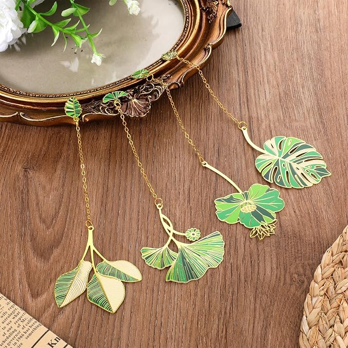 4 Pcs Metal Bookmarks, Lotus Leaf Plant Bookmark, Pendant Floral Metal Bookmark for Book Lovers, Cute Monstera Bookmarks for Teacher Writers Reader Gift, Gifts for Plant Lovers