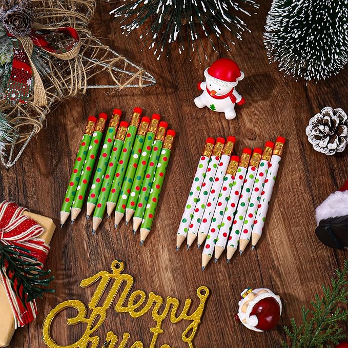 JarThenaAMCS 50 Pcs Christmas Short Pencil with Eraser 4 In White Green Dot Writing Pencil Wood Xmas Winter Half Pencils for Classroom Office Stationery Gift