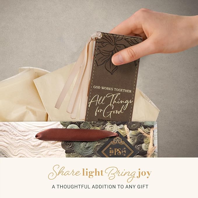 Christian Art Gifts Premium Vegan Leather Inspirational Scripture Bookmark for Women: All Things for Good Encouraging Bible Verse, Heat-Debossed Florals, Satin Ribbon for Books & Bibles, Brown & Gold
