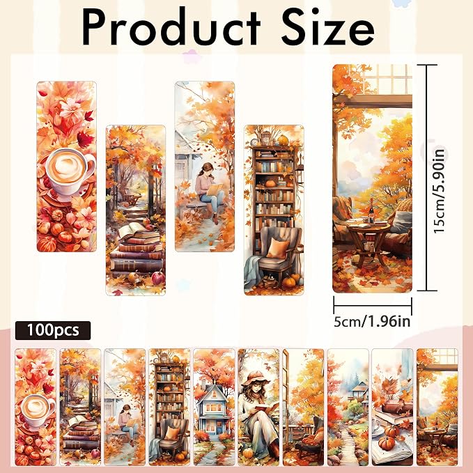 Fall Bookmarks Bulk, 100 Pcs Autumn Aesthetic Book Marks for Reading Women, Cute Seasonal Paper Page Markers Double Sided for Book Lovers Classroom Library Bookish Gifts