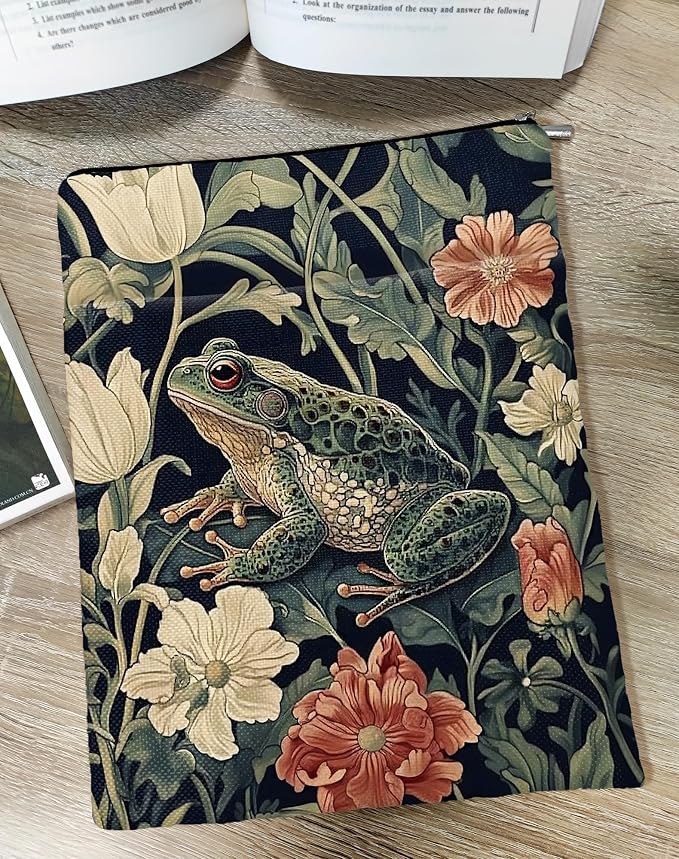 Vintage Flower Frog William Morris Book Sleeve for Book Lovers, Bookish Book Protector with Zipper, Washable Fabric Book Cover for Paperbacks & Hardcovers,11.4 x 9.1Inches (Green-Frog, Medium)