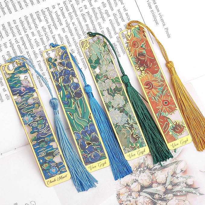 4 Pieces Metal Bookmark with Tassel,Cute Bookmarks Oil Painting Theme Aesthetic Bookmark Golden Van Gogh Book Marks for Women Man Book Lovers Writers Reader Adult Children Teens