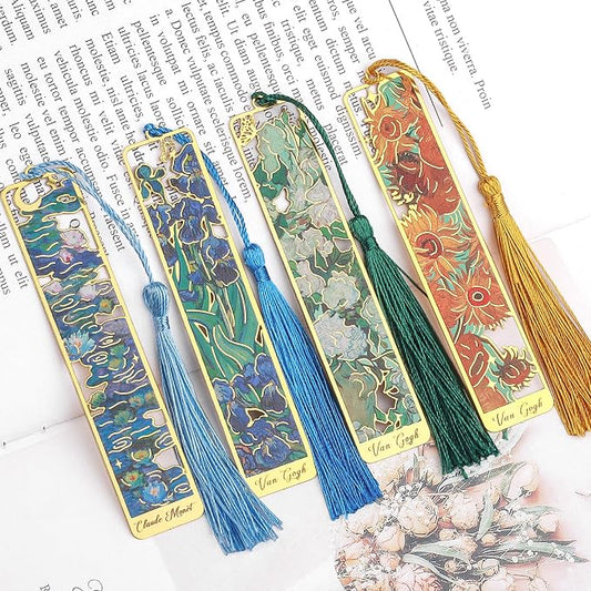 4 Pieces Metal Bookmark with Tassel,Cute Bookmarks Oil Painting Theme Aesthetic Bookmark Golden Van Gogh Book Marks for Women Man Book Lovers Writers Reader Adult Children Teens