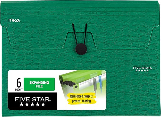 Five Star Expanding File Organizer, 6-Pocket Accordian File Organizer, Bungee Closure, Holds 8-1/2" x 11" Paper, Forest Green (350100D-ECM) (Pack of 6)