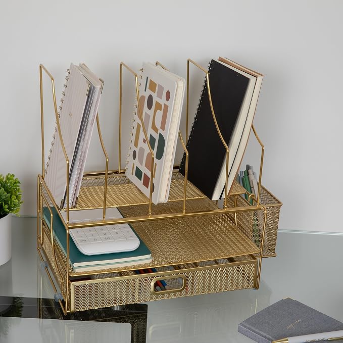 Martha Stewart Ryder Gold Mesh Metal Large Desktop Organizer With Paper File Letter Holder Organizer and Drawer