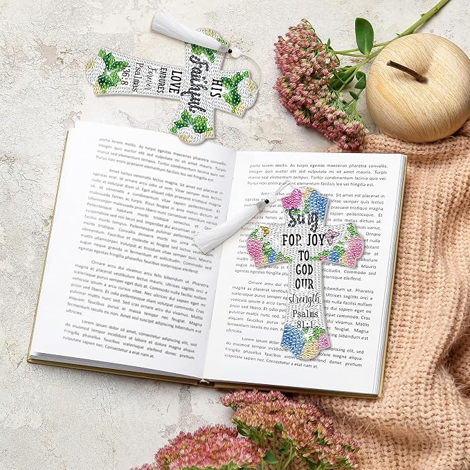 8 Pieces Christian Bible Verse Diamond Art Bookmarks 5d Christian Beaded Bookmark Acrylic Tassel Bookmark for DIY Making Beginners Adults Arts Craft Supplies (Floral)