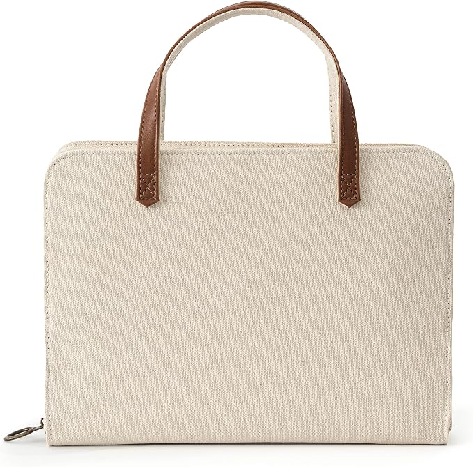 Bible Cover for Women by Bekah Rose | Canvas Case with Leather Handles, Purse Style Bible Bag with Zippered Closure and Snap Pocket (White/Cream, Medium Bibles)
