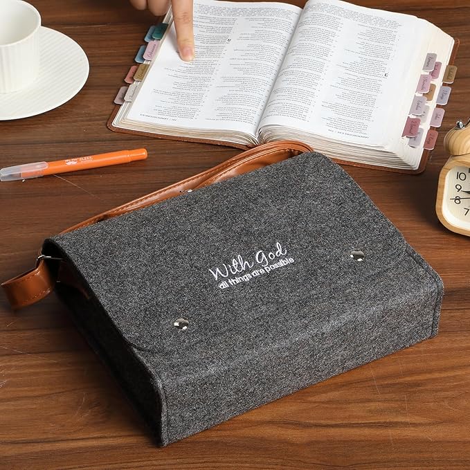 Mr. Pen- Felt Bible Cover Case, Medium Size, Felt Carrying Book Case with Leather Straps, Bible Protective Church Bag for Men & Women, Christian Gifts, Gray