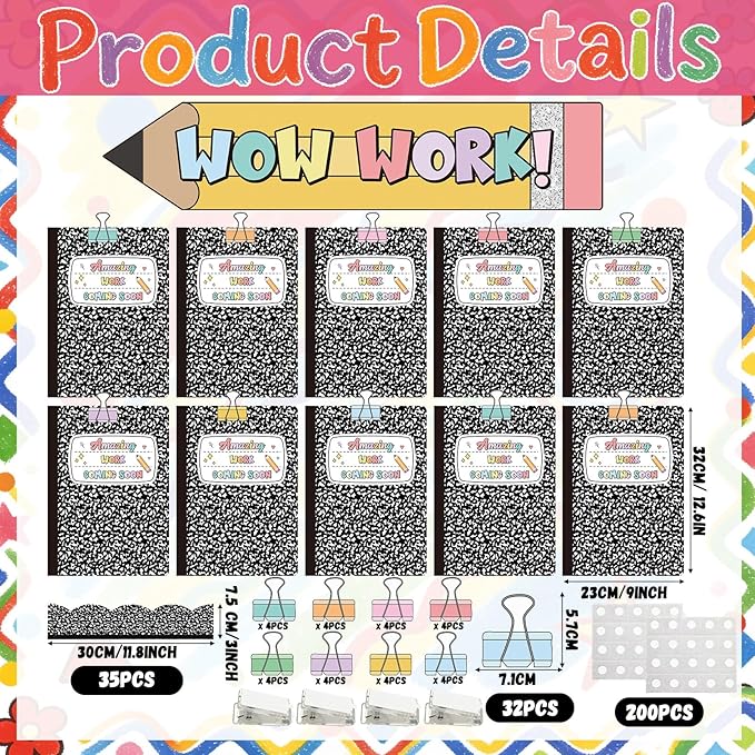 Mooliwe 139 Pcs Student Work Display Bulletin Board Composition Notebook Classroom Decoration Pencil Wow Work Cutouts with Clip Names Display Classroom Wall Decor for Teachers Back to School Supplies