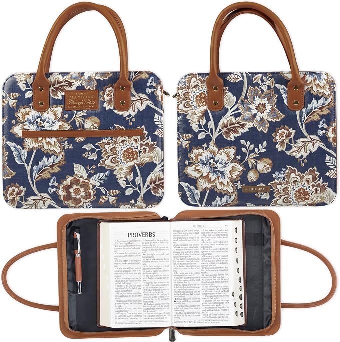 Christian Art Gifts Fashion Vegan Leather Purse Style Bible Cover Case for Women: All Things Through Christ Gold Inspirational Scripture, Pen Loops, Two Handles, Pockets, Navy & Brown Floral, XL