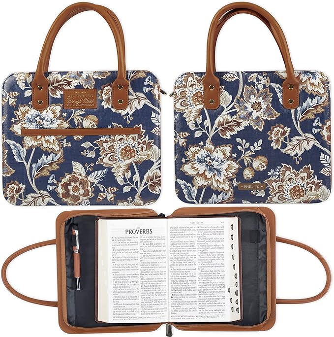 Christian Art Gifts Fashion Vegan Leather Purse Style Bible Cover Case for Women: All Things Through Christ Gold Inspirational Scripture, Pen Loops, Two Handles, Pockets, Navy & Brown Floral, Medium