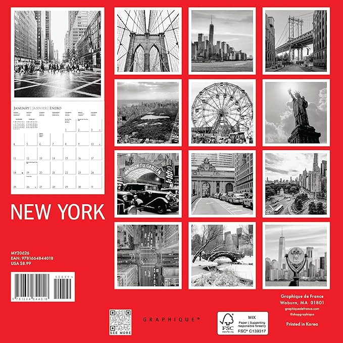 Graphique 2026 New York Mini Wall Calendar | 7” x 7” | Thick Paper | Home & Office Organizer | Large Monthly Grid | 3 Languages & Marked Holidays | 4 Month Preview Page for 2027