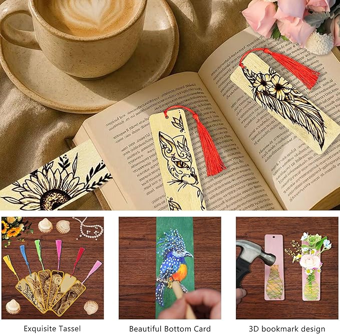Rcpuirl 50 PCS Extra Large Thick Wood Bookmark with Tassels & Gift Ribbons – Unfinished Wooden Bookmarks to Paint, Bulk Blank Bookmarks for DIY Crafts, Painting, Wedding, Birthday Party Decors
