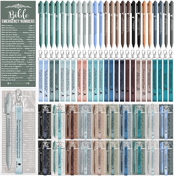 Sinload 50 Set Christian Gift Bulk Bible Emergency Numbers Bookmark with Silicone Keychains Scripture Quote Pen Religious Study Supplies for Father Day Church Bible Study Group (Boho Color)