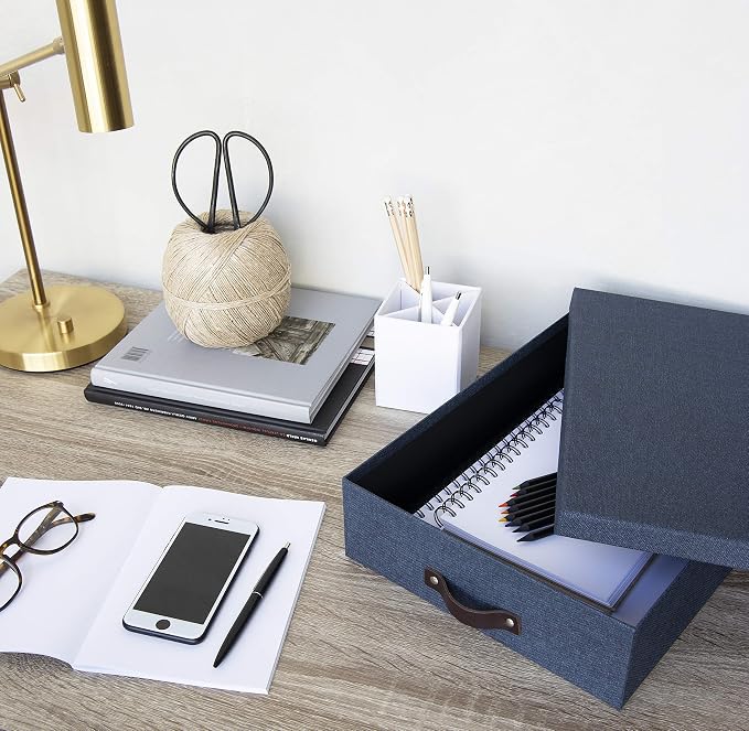 Bigso Oskar Canvas Fiberboard Document Letter Box - File Organizer Box for Important Paperwork - Document Storage with a Lid & Leather Handle - 3.3 in x 10.2 in x 13.8 in - Blue