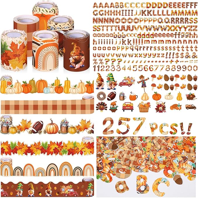 Kosiz Fall Bulletin Board Decoration Set 118 ft Thanksgiving Scalloped Bulletin Board Borders Classroom Poster Border Trim with 257 Pcs Letter Number Symbol Cutout for School Decor