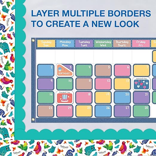 IXL Takeoff 65Ft of Feathered Friends Bulletin Board Borders, 1 Roll of Colorful Trim with Bird Accents for Rolling Whiteboard, Cork and Posterboard, Party, Office Decorations, and Classroom Decor