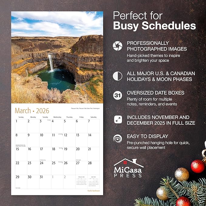 MICASA PRESS Pacific Northwest 2026 Wall Calendar 12 Month | 12" x 24" Open | Thick & Sturdy Paper | Holiday Gift | Oregon Coast Travel Calendar 2026