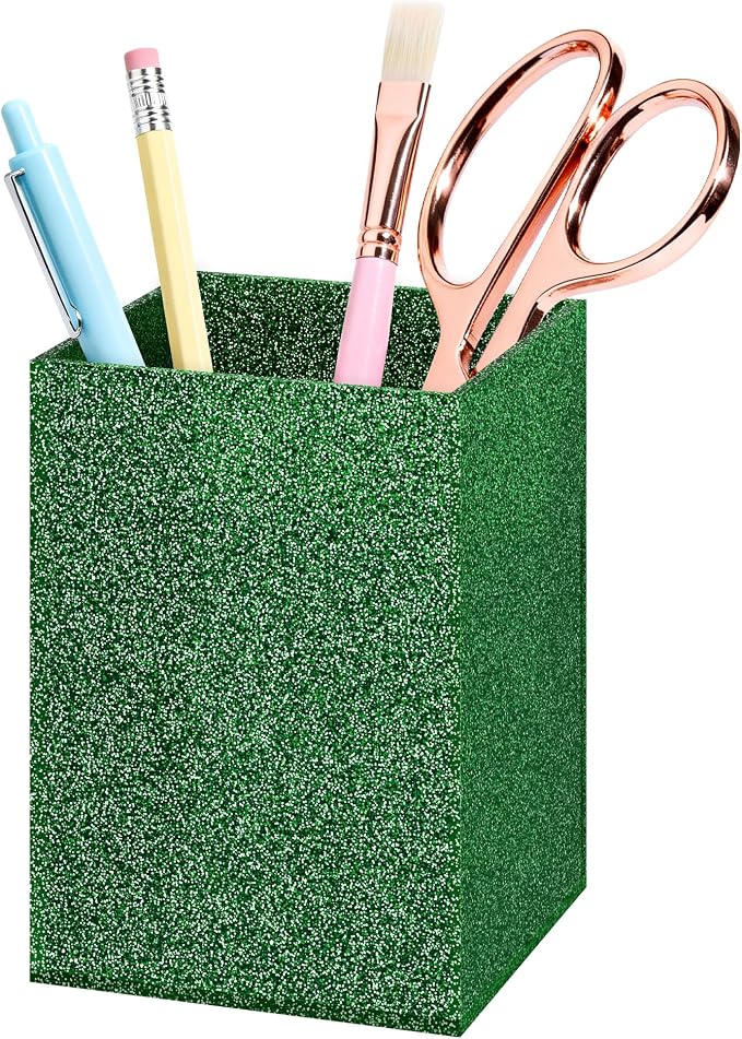 Green Glitter Acrylic Pen Holder, Acrylic Makeup Brush Storage Organizer, Pencil Pen Holder for Desk, Modern Desktop Accessories for Office School Home Supplies