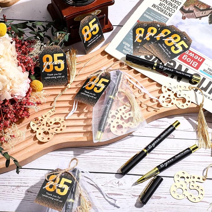 Spakon 25 Set 85th Birthday Party Favor for Guest Anniversary Party Favor Golden Birthday Bookmark Thanks Coming Pen with Tag Appreciation Gifts for Women Men Wedding Anniversary