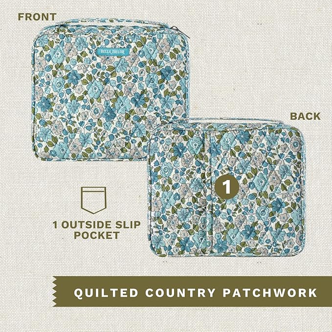Bella Taylor Quilted Bible Cover for Women - Large Study Bible Case - Delicate Floral Blue