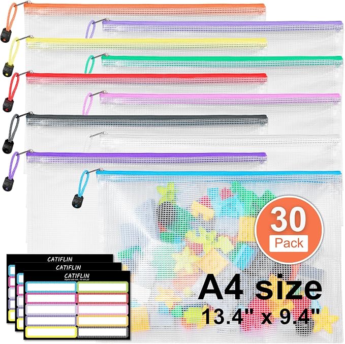 CATIFLIN 30 Pack Mesh Zipper Pouch Bags, A4 Letter Size, Clear Plastic Zip Bags for Board Game & Puzzle Storage, Waterproof & Durable Document Bags for Office, School, Travel, Art & Craft Supplies