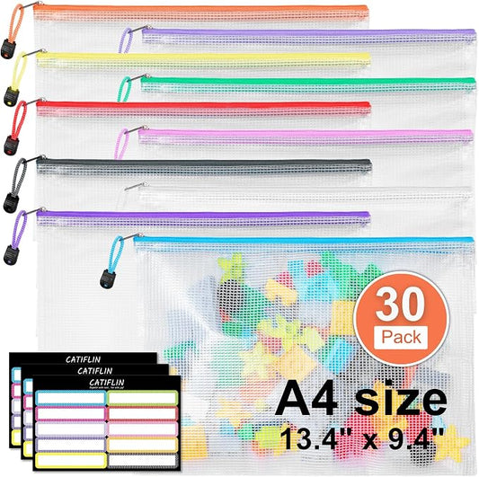 CATIFLIN 30 Pack Mesh Zipper Pouch Bags, A4 Letter Size, Clear Plastic Zip Bags for Board Game & Puzzle Storage, Waterproof & Durable Document Bags for Office, School, Travel, Art & Craft Supplies