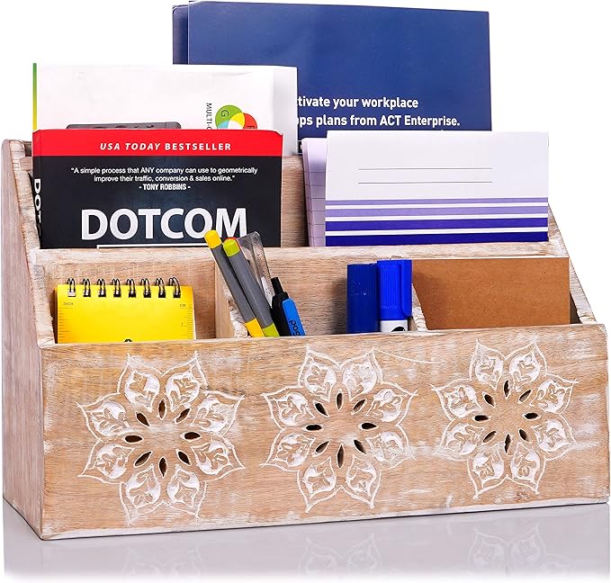 Mela Artisans Serena 13" x 8.5" Whitewash Wooden Desk Organizer – Mango Wood Mail Holder with 5 Compartments for Home Desk Organization, Mail Storage & Rustic Office Decor