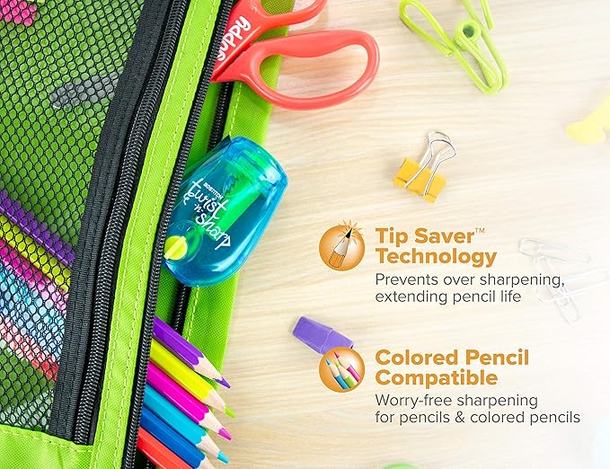 Bostitch Office Pencil Sharpener, Manual, Twist-n-Sharp with Shavings Tray, Kids, Boys, Girls, Colored Pencils, 3-Pack, Lime Green, Blue and Red