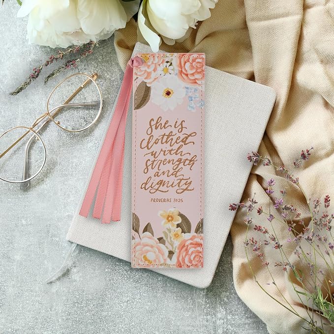 Christian Art Gifts Premium Vegan Leather Inspirational Scripture Bookmark for Women: Strength & Dignity Encouraging Bible Verse, Satin Ribbon, Reading Accessory, Books, Bibles, Pink Multicolor Floral