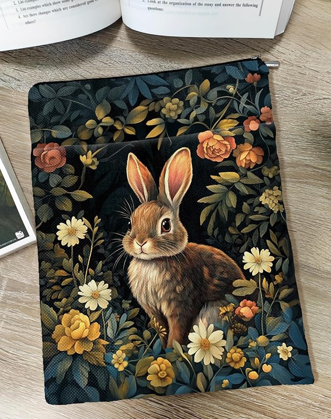 Vintage Flower Rabbit William Morris Book Sleeve for Book Lovers, Bookish Book Protector with Zipper, Washable Fabric Book Cover for Paperbacks & Hardcovers,11.4 x 9.1Inches (Black-Rabbit, Medium)